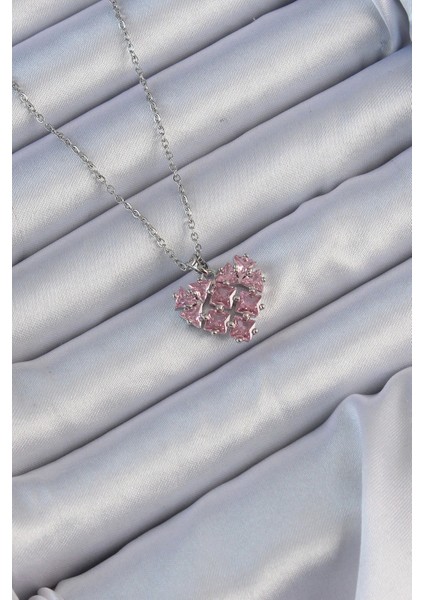 316L Çelik Zincir Gümüş Renk Pembe Parçalı Zirkon Taşlı Kalp Kolye - Modern Çözüm - Estetik Dokunuş