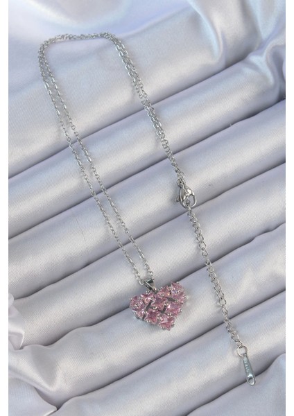 316L Çelik Zincir Gümüş Renk Pembe Parçalı Zirkon Taşlı Kalp Kolye - Modern Çözüm - Estetik Dokunuş