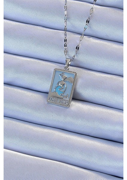316L Çelik Zincir Gümüş Renk Mavi Mineli Tarot Kolye - Tarz Sahibi Seçim