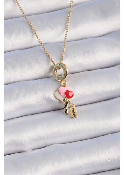 316L Çelik Gold Renk Renkli Kalp Figür Charm Model Kadın Kolye - Modern Çözüm - Minimal Tarz