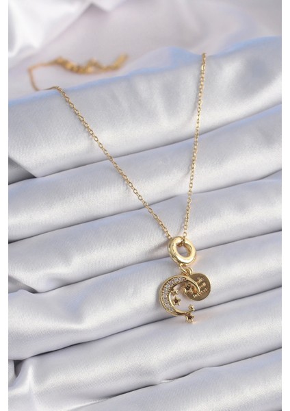 316L Çelik Gold Renk Zirkon Taşlı Ay Yıldız Model Charm Model Kadın Kolye - Tarz Sahibi Seçim