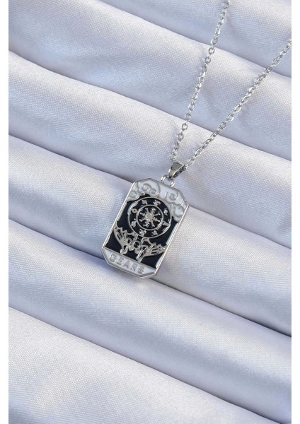 316L Çelik Zincir Gümüş Renk Işlemeli Siyah Mineli Tarot Kolye - Modern Çözüm - Modern Stil