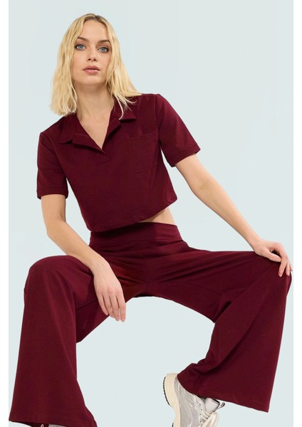 Şık Polo Yaka Örme Takım Geniş Paça Pantolon ve Crop Üst Özel Tasarım Özenle Seçilmiş