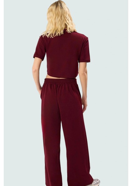 Şık Polo Yaka Örme Takım Geniş Paça Pantolon ve Crop Üst Özel Tasarım Özenle Seçilmiş modelleri