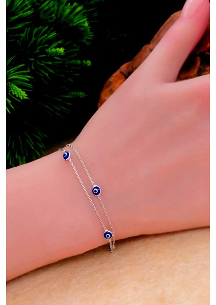 Kadın Nazar Boncuklu Gümüş Bileklik Cam Göz Nazar Zincirli Bileklik 925 Ayar ST378