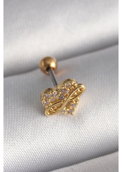 316L Çelik Gold Renk Zirkon Taşlı Kalp Sonsuzluk Detay Tragus Piercing - Tarz Sahibi Seçim