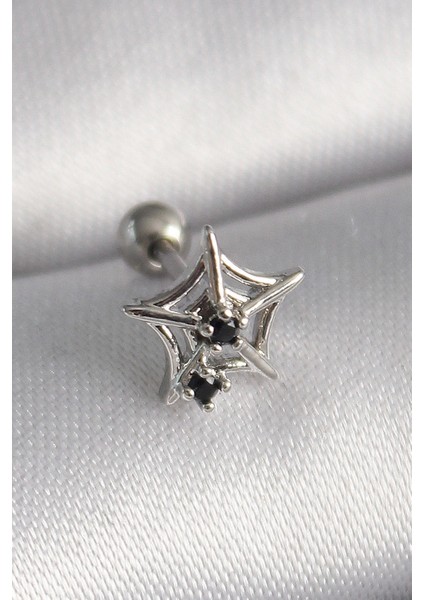 316L Çelik Gümüş Renk Siyah Zirkon Taş Detay Örümcek Ağ Model Tragus Piercing - Trend Ürün