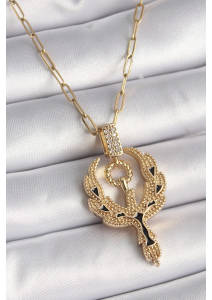 316L Çelik Gold Renk Zirkon Taşlı Anka Kuşu Model Kadın Kolye - Modern Çözüm - Şık Tasarım