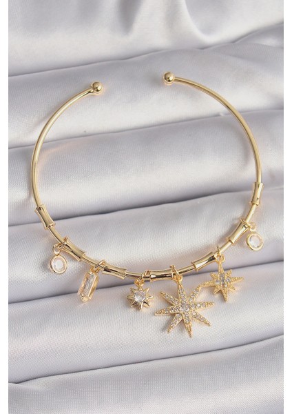 Pirinç Gold Renk Sallantı Zirkon Taşlı Kutup Yıldız Figür Charm Bileklik - Modern Çözüm - Tarz Sahib