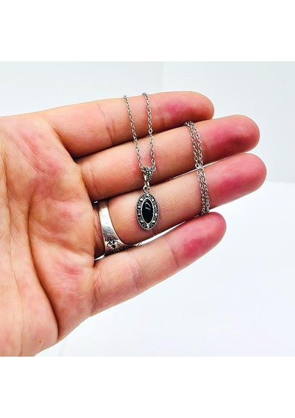 Zirkon ve Oltu Taşı Işçilikli 925 Ayar Gümüş Kolye fiyatları