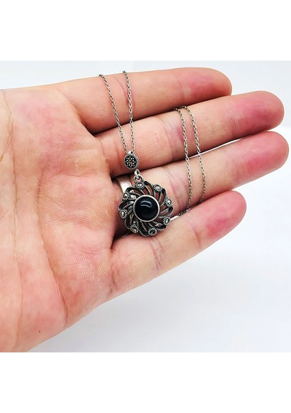 Zirkon ve Oltu Taşı Işçilikli 925 Ayar Gümüş Kolye fiyatları