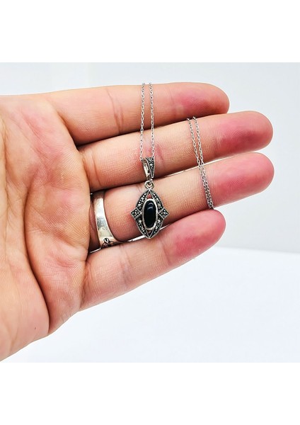 Zirkon ve Oltu Taşı Işçilikli 925 Ayar Gümüş Kolye fiyatları