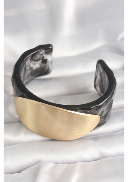 Siyah Mermer Desen Akrilik Plastik Gold Oval Plaka Model Vintage Kadın Bilezik - Zarif Tasarım fiyatları