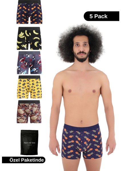 Erkek 5'li Desenli Renkli Pamuklu Premium Hijyenik Paket Boxer