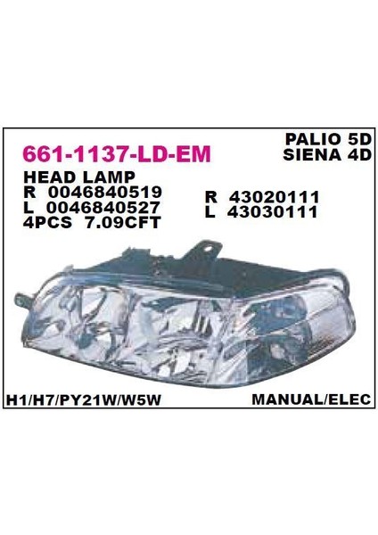 DEPO-661-1137R-LD-EM - On Far Sag Fıat Palıo 02- 5 Kapı / Sıena 02- 4 Kapı / Albea 02-