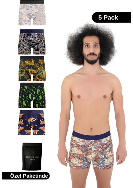Erkek 5'li Desenli Renkli Pamuklu Premium Hijyenik Paket Boxer