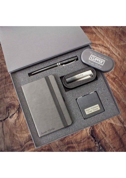 Kişiye Özel Exclusive Defter Kalem Ayna ve Çakmak Seti Siyah