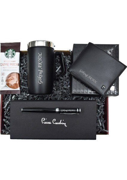 Kişiye Özel Pierre Cardin Cüzdan Roller Kalem Termos Bardak ve Kahve Hediye Kutusu