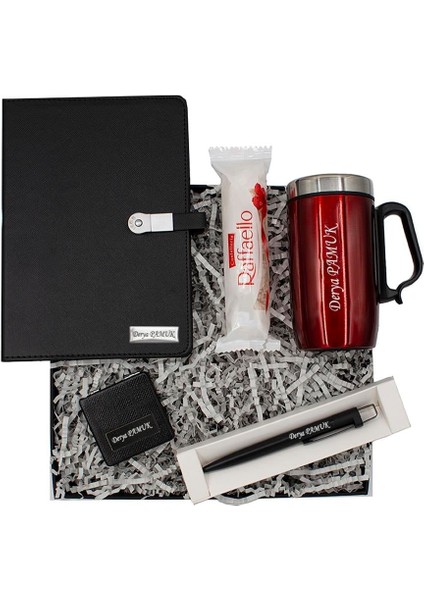 Kişiye Özel Elegant USB Flash Bellek Defter Termos Bardak Tükenmez Kalem Ayna ve Çikolata Hediye Kutusu
