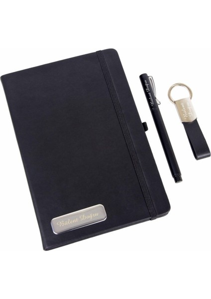 Kutulu Özel Siyah Defter Anahtarlık ve Kalem Seti