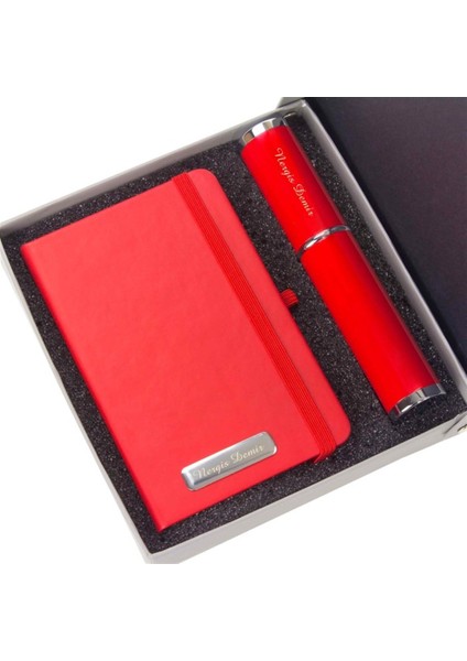 Kişiye Özel Kırmızı Defter ve Silindir Kutulu Tükenmez Kalem Seti fiyatları