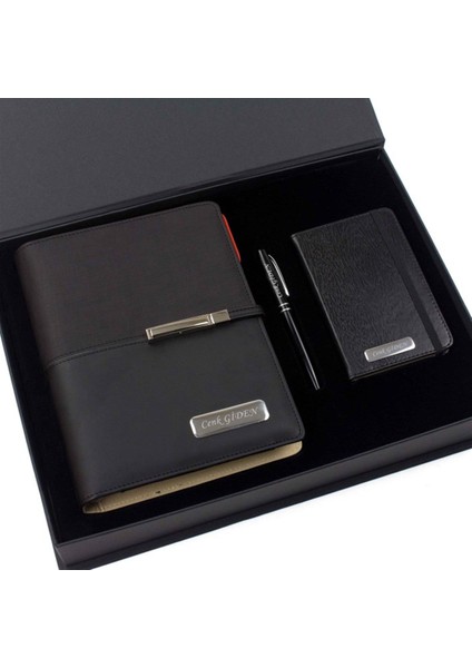 Kişiye Özel Organizerli Tarihsiz Ajanda Not Defteri ve Kalem Seti Siyah Kutulu