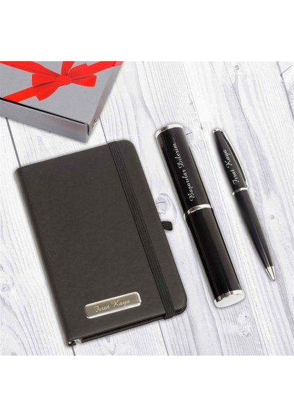 Kişiye Özel Siyah Cep Defteri ve Silindir Kutulu Tükenmez Kalem Seti