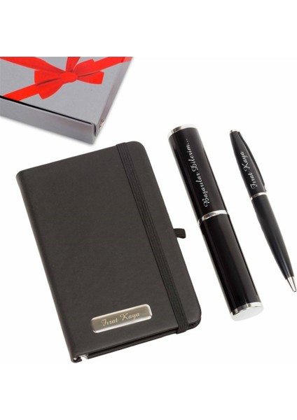 Kişiye Özel Siyah Cep Defteri ve Silindir Kutulu Tükenmez Kalem Seti fiyatları