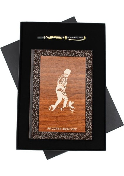 Kişiye Özel Atatürk Silüetli Lüks Ahşap Defter ve Roller Kalem Seti Özel Kutulu