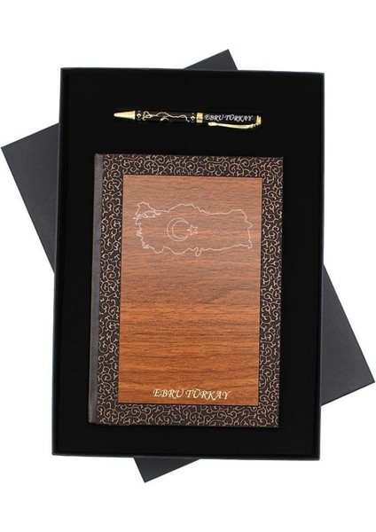Kişiye Özel Kutulu Ahşap Defter ve Tükenmez Kalem Seti - Türkiye Temalı