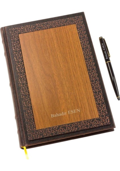 Kişiye Özel Deri Işlemeli Ahşap Büyük Boy Defter ve Kalem Seti fiyatları