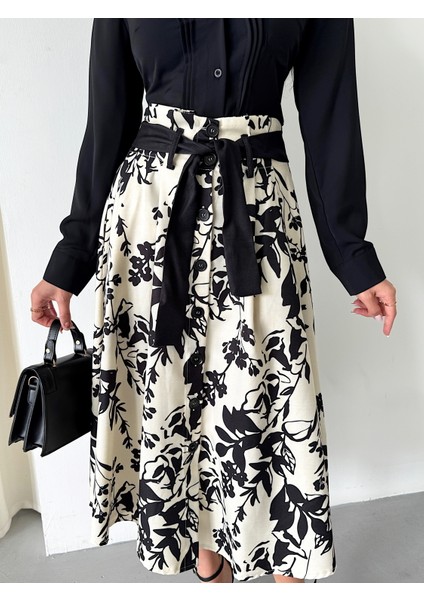 Çiçek Desenli Pilili Kuşaklı Etek 6735