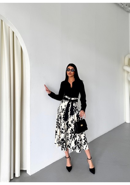 Çiçek Desenli Pilili Kuşaklı Etek 6735 indirimleri