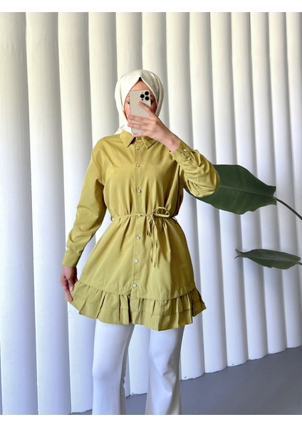 Etek Ucu Katlı Fırfırlı Düğmeli Poplin Gömlek Tunik -Yağ Yeşili fiyatları