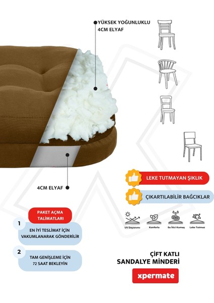 4'lü Çift Kat Sandalye Minderi Fermuarlı Yıkanabilir Kılıf Bağcıklı Su ve Yağ Itici 42 x 42 x 8 Kahverengi modelleri