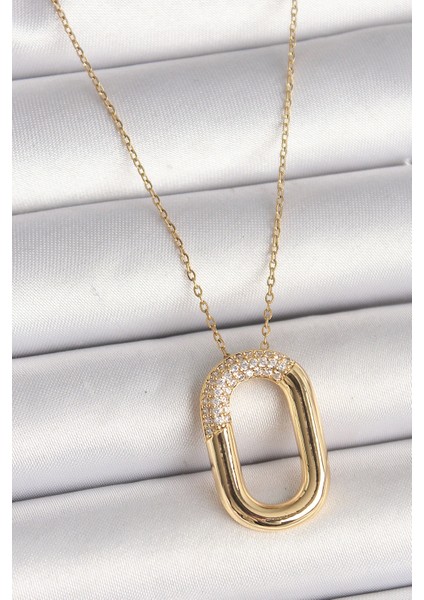 316L Çelik Gold Renk Zirkon Taşlı Oval Model Kadın Kolye - Tarz Sahibi Seçim