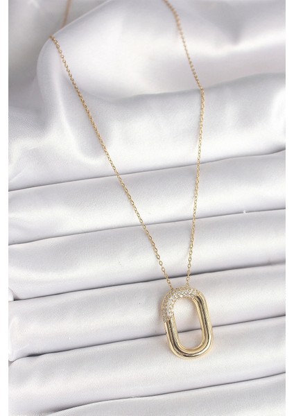 316L Çelik Gold Renk Zirkon Taşlı Oval Model Kadın Kolye - Tarz Sahibi Seçim