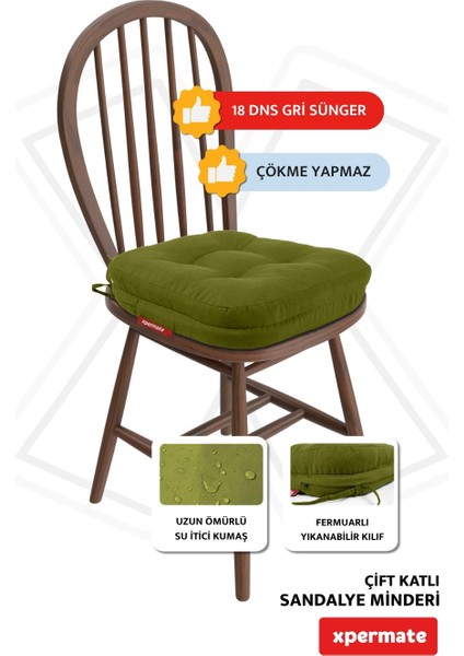 2'li Çift Kat Sandalye Minderi Fermuarlı Yıkanabilir Kılıf Bağcıklı Su ve Yağ Itici 42 x 42 x 8 Yeşil