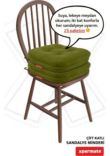 2'li Çift Kat Sandalye Minderi Fermuarlı Yıkanabilir Kılıf Bağcıklı Su ve Yağ Itici 42 x 42 x 8 Yeşil fiyatları