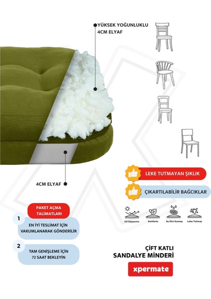 2'li Çift Kat Sandalye Minderi Fermuarlı Yıkanabilir Kılıf Bağcıklı Su ve Yağ Itici 42 x 42 x 8 Yeşil fırsatları