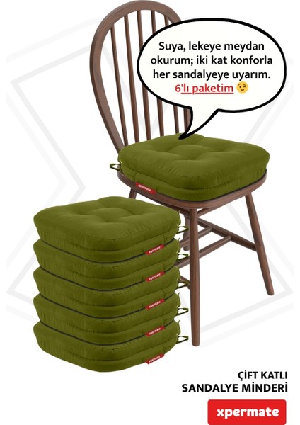 6'lı Çift Kat Sandalye Minderi Fermuarlı Yıkanabilir Kılıf Bağcıklı Su ve Yağ Itici 42 x 42 x 8 Yeşil