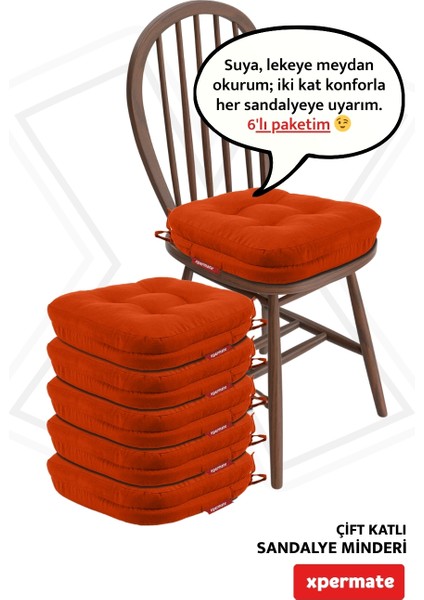 6'lı Çift Kat Sandalye Minderi Fermuarlı Yıkanabilir Kılıf Bağcıklı Su ve Yağ Itici 42 x 42 x 8 Kiremit