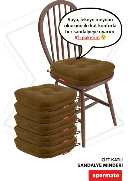 6'lı Çift Kat Sandalye Minderi Fermuarlı Yıkanabilir Kılıf Bağcıklı Su ve Yağ Itici 42 x 42 x 8 Kahverengi