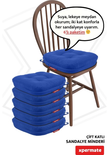 6'lı Çift Kat Sandalye Minderi Fermuarlı Yıkanabilir Kılıf Bağcıklı Su ve Yağ Itici 42 x 42 x 8 Mavi