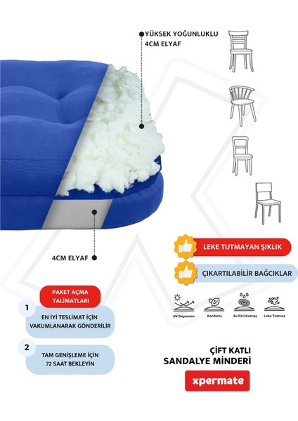 6'lı Çift Kat Sandalye Minderi Fermuarlı Yıkanabilir Kılıf Bağcıklı Su ve Yağ Itici 42 x 42 x 8 Mavi fırsatları