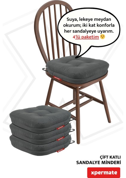 4'lü Çift Kat Sandalye Minderi Fermuarlı Yıkanabilir Kılıf Bağcıklı Su ve Yağ Itici 42 x 42 x 8 Antrasit