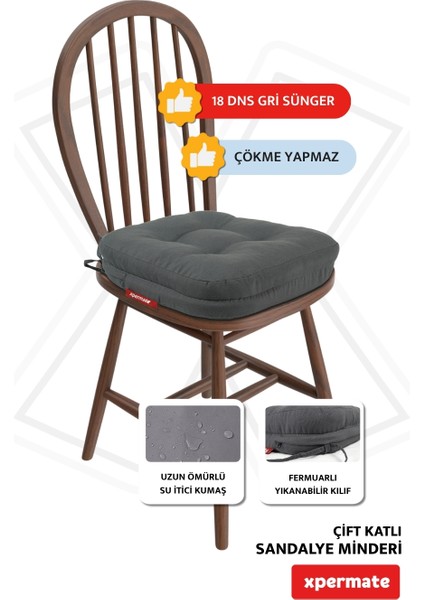 4'lü Çift Kat Sandalye Minderi Fermuarlı Yıkanabilir Kılıf Bağcıklı Su ve Yağ Itici 42 x 42 x 8 Antrasit