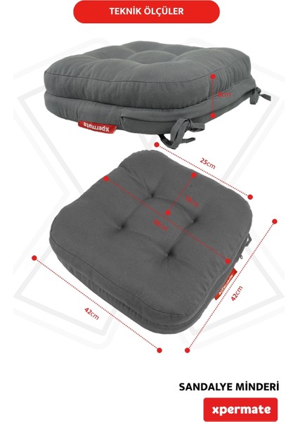 4'lü Çift Kat Sandalye Minderi Fermuarlı Yıkanabilir Kılıf Bağcıklı Su ve Yağ Itici 42 x 42 x 8 Antrasit