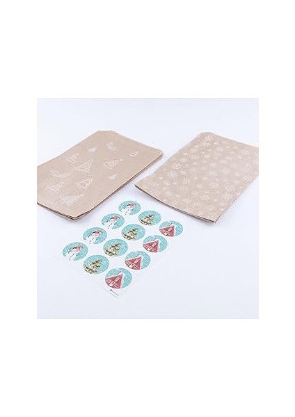 Bimotif 20 Adet Çam ve Kar Desenli Kese Kağıdı (18X30 Cm) ve Yılbaşı Şekilli Stickerdan Oluşan Set