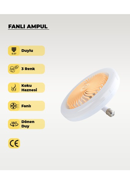 30W Fanlı LED Ampul / 3 Renk Işık / 3 Hız Fanlı Sarı Kasa - Kumandalı ve Koku Hazneli